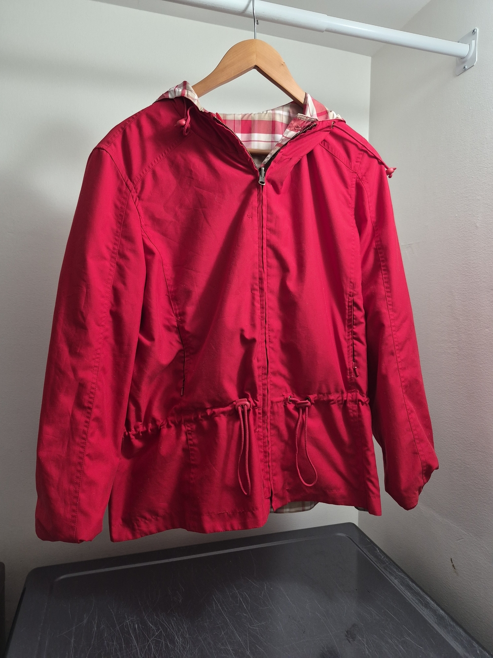 Plaid Hooded Button-Front Reversible Rain Jacket in Red and Tan